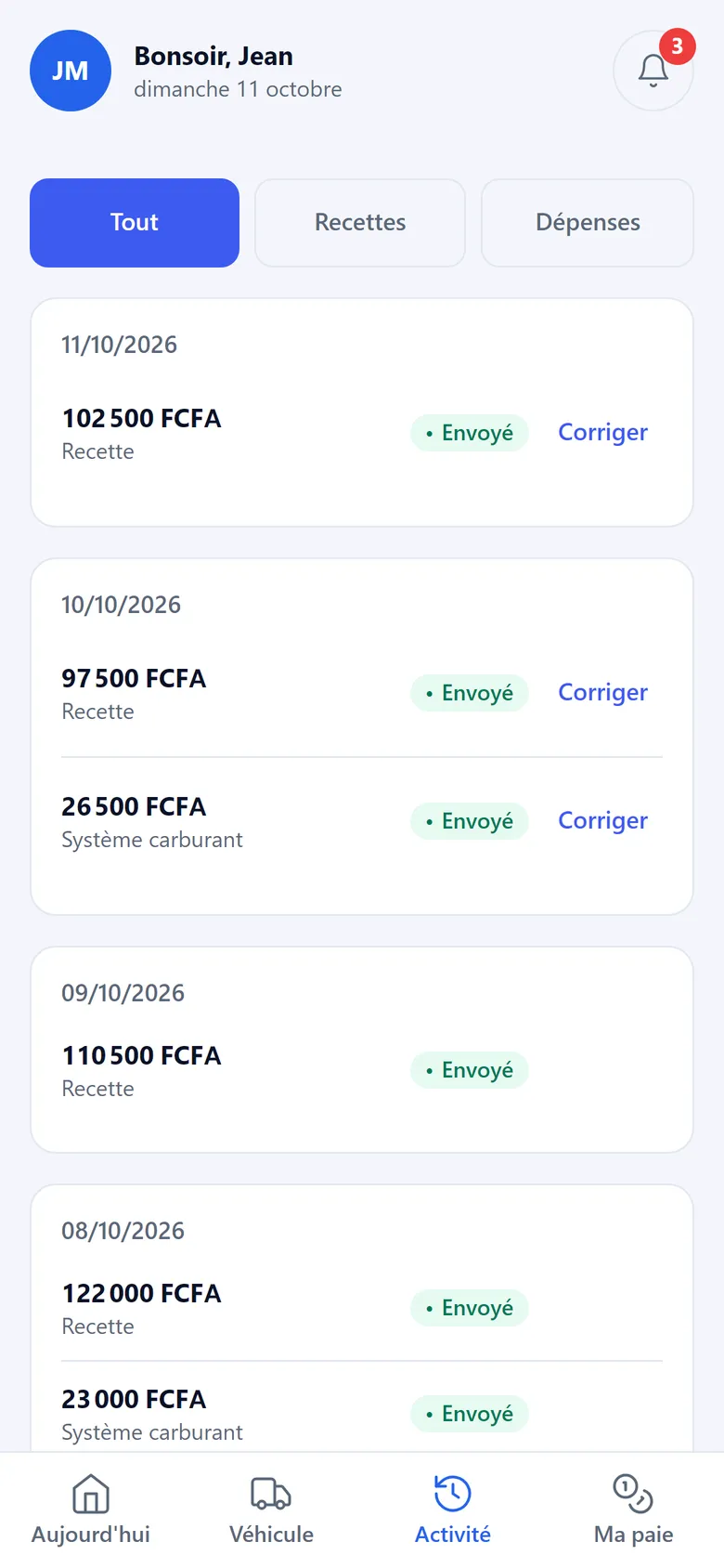 Mon activité : les recettes et dépenses notées par le chauffeur, jour par jour, avec leur état d'envoi.