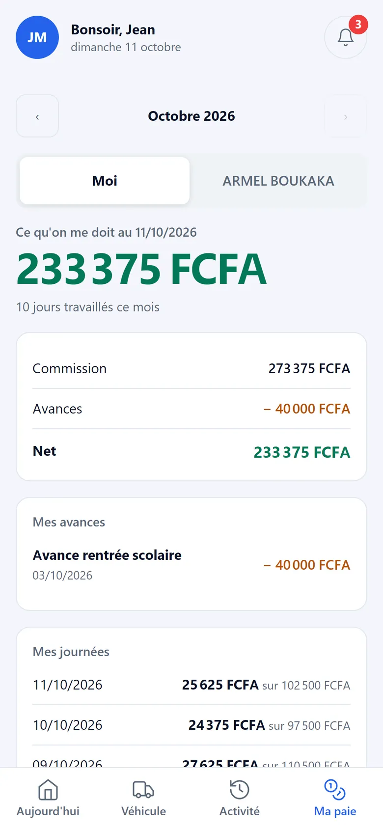 Ma paie du chauffeur : le détail du mois, les avances et le net à payer.