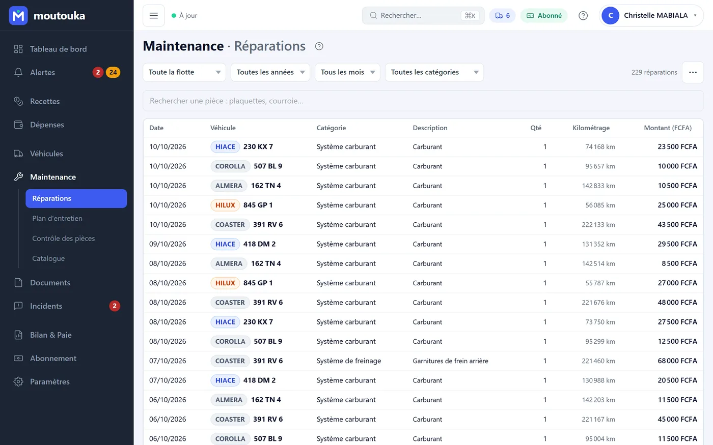 Écran Maintenance : le suivi des réparations avec date, véhicule, catégorie, description, quantité, kilométrage et montant.